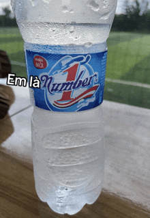 a bottle of number 1 water sitting on a table
