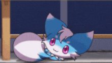 a blue and white cat with pink eyes is laying on the floor