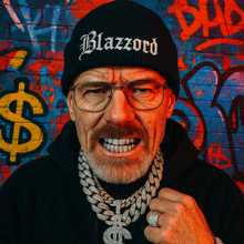 a man wearing a black beanie with blazzard written on it