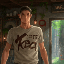 a man wearing a white t-shirt that says lote kea
