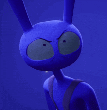 a blue cartoon character with big eyes and a serious look on his face