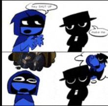 a cartoon of a man in a hood talking to another man in a hat .