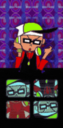 a cartoon character with glasses and headphones is standing in front of a wall with circles on it