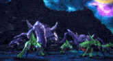a purple monster with horns is surrounded by green monsters in front of a mountain