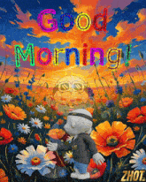 a painting of a field of flowers with the words good morning written on it