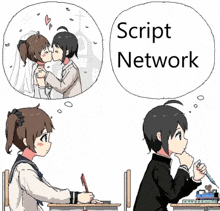 a cartoon of a girl kissing another girl and a boy thinking about a script network