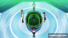 a group of cartoon characters are standing around a green circle .