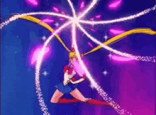 sailor moon is kneeling down in front of a purple background with a purple light coming out of her .