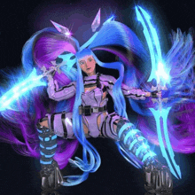 a woman with long blue hair is holding a blue sword