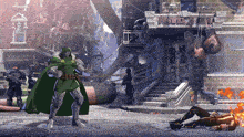 a comic book character is fighting another character in front of a building that says jewel 's gym