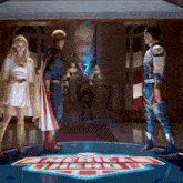 a man in a superhero costume is standing in front of a sign that says " the boys "