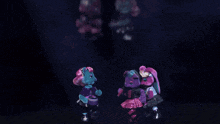 a group of teddy bears are dancing together in a dark room