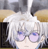a person with white hair and blue eyes is wearing glasses