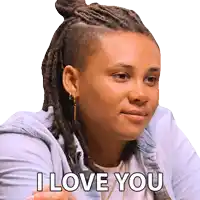 a woman with dreadlocks says " i love you " on a white background