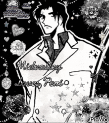 a black and white drawing of a man in a suit and tie surrounded by flowers
