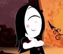 a cartoon girl with black hair and white face is standing with her arms crossed .