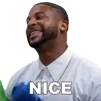 a man with a beard wearing a white shirt with the word nice on the front