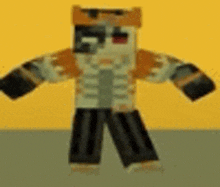 a minecraft character with a skeleton costume is standing in front of a yellow background .