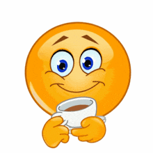 a smiley face is holding a cup of coffee and smiling