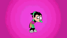robin from teen titans go is standing on a purple background