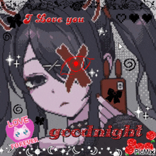 a pixel art of a girl with the words i love you goodnight on the bottom