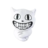 a white stuffed animal with a black face and teeth
