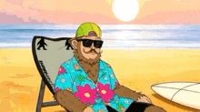a cartoon of a man sitting in a chair on a beach .