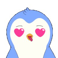 a penguin with pink heart shaped eyes and a red heart on its head