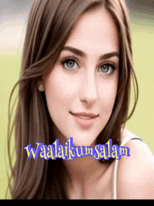 a woman 's face is shown with the words waalaikum salam written above her