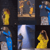 a collage of photos shows a woman in a yellow outfit hugging a man in a black hat