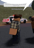 a man in a plaid shirt is standing in front of a police car that says tacticalfalcon on the back