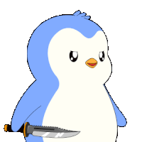 a blue and white penguin holding a knife in its beak