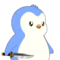 a blue and white penguin holding a knife in its beak