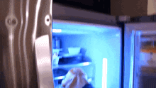 a stainless steel refrigerator with a blue light on the inside