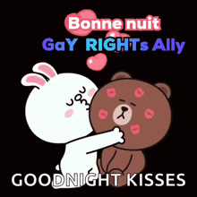 a cartoon of a bunny kissing a teddy bear with the words bonne nuit gay rights ally goodnight kisses