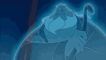 a cartoon character with a beard is holding a cane in his hands .