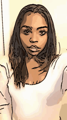 a drawing of a woman with dreadlocks and a white shirt