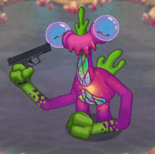 a purple and green monster is holding a gun in its right hand