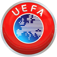 a red and silver uefa logo with a blue circle in the center