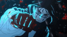 a close up of a person 's face with blood on it and a blue light coming out of it .