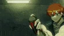 a man with red hair is holding a spray can with red paint on it