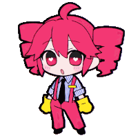 a cartoon drawing of a girl with pink hair wearing suspenders and gloves