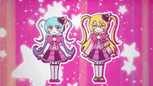two anime girls are standing next to each other on a pink background with stars