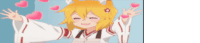 a girl with yellow hair and ears is standing with her arms outstretched and hearts flying around her .