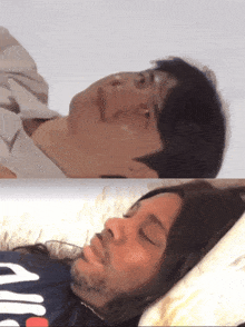 a man laying down with his eyes closed and another man laying down with his eyes closed wearing a shirt that says " all "