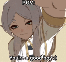 a picture of a girl with a caption that says " pov : you 're a good boy "