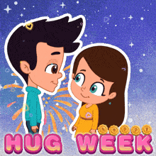 a cartoon of a boy and a girl standing next to each other with the words hug week on the bottom