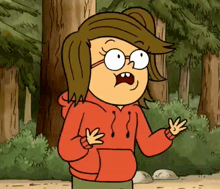 a cartoon girl with glasses and a red hoodie