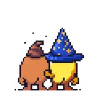 a pixel art illustration of a pumpkin wearing a wizard 's hat