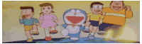 a group of cartoon characters standing next to each other on a blue surface holding hands .